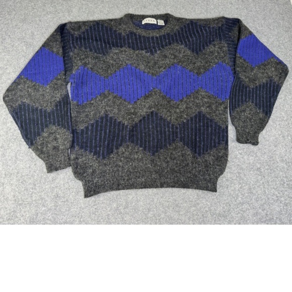 Vintage J Todd Mens Gray Blue Geometric Diamond Knit‎ Crewneck Sweater Large